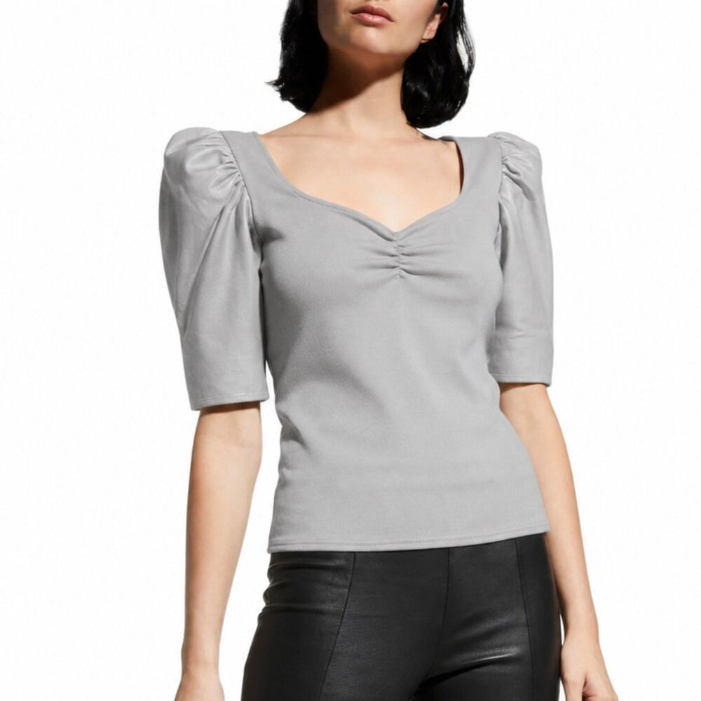Lamarque Kira Leather Sleeve Knit Top in Moon Grey Size S